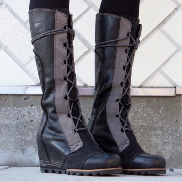 Sorel | Shoes | Sorel Cate The Great Lace Up Tall Wedge Boots Black 6 37 |  Poshmark